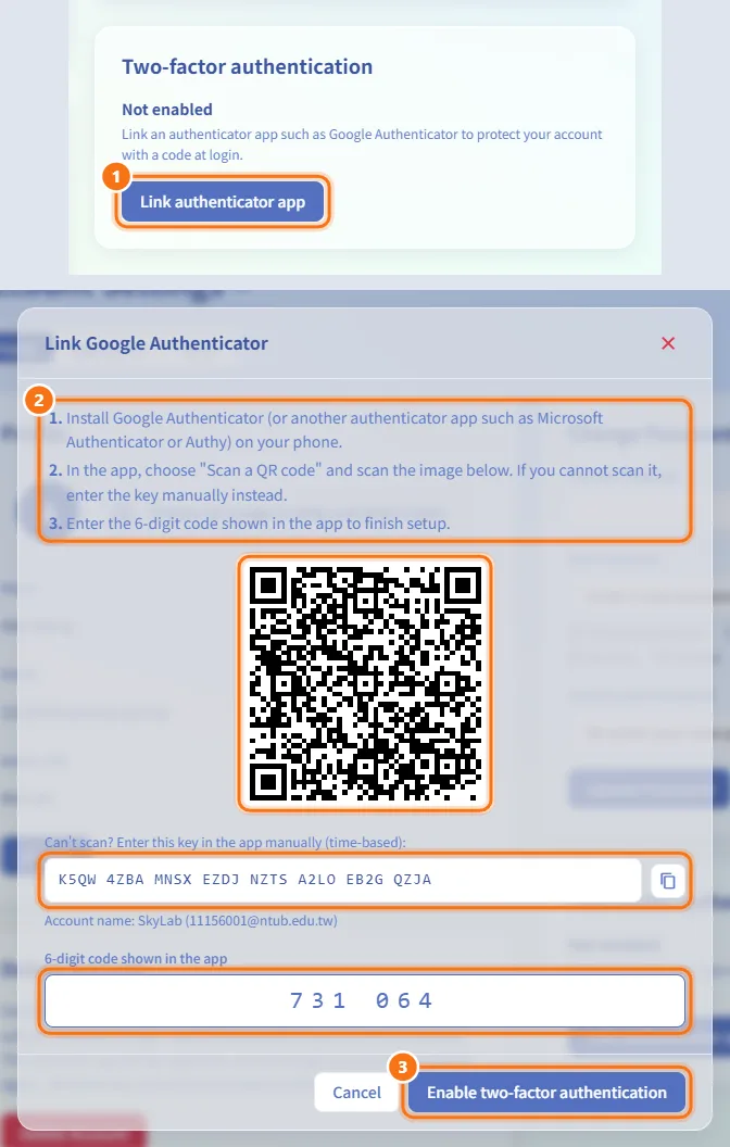 Turn on two-factor authentication (numbers match the steps above)