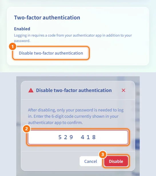 Turn off two-factor authentication (numbers match the steps above)