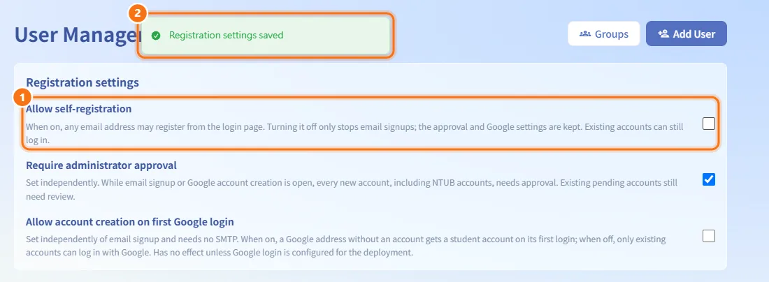Turn self-registration on or off (numbers match the steps above)