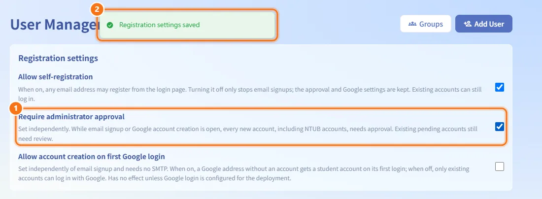Require approval for new accounts (numbers match the steps above)