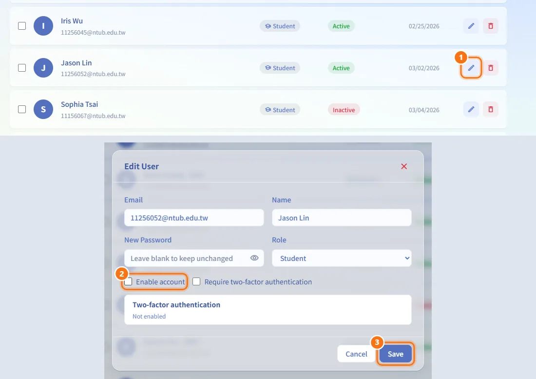 Disable or enable an account (numbers match the steps above)