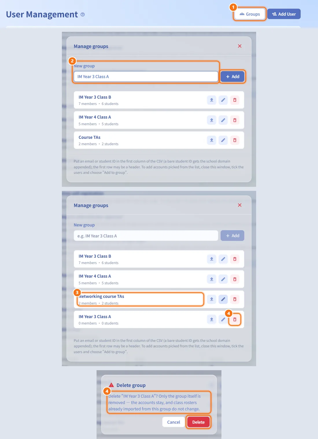 Create, rename or delete groups (numbers match the steps above)