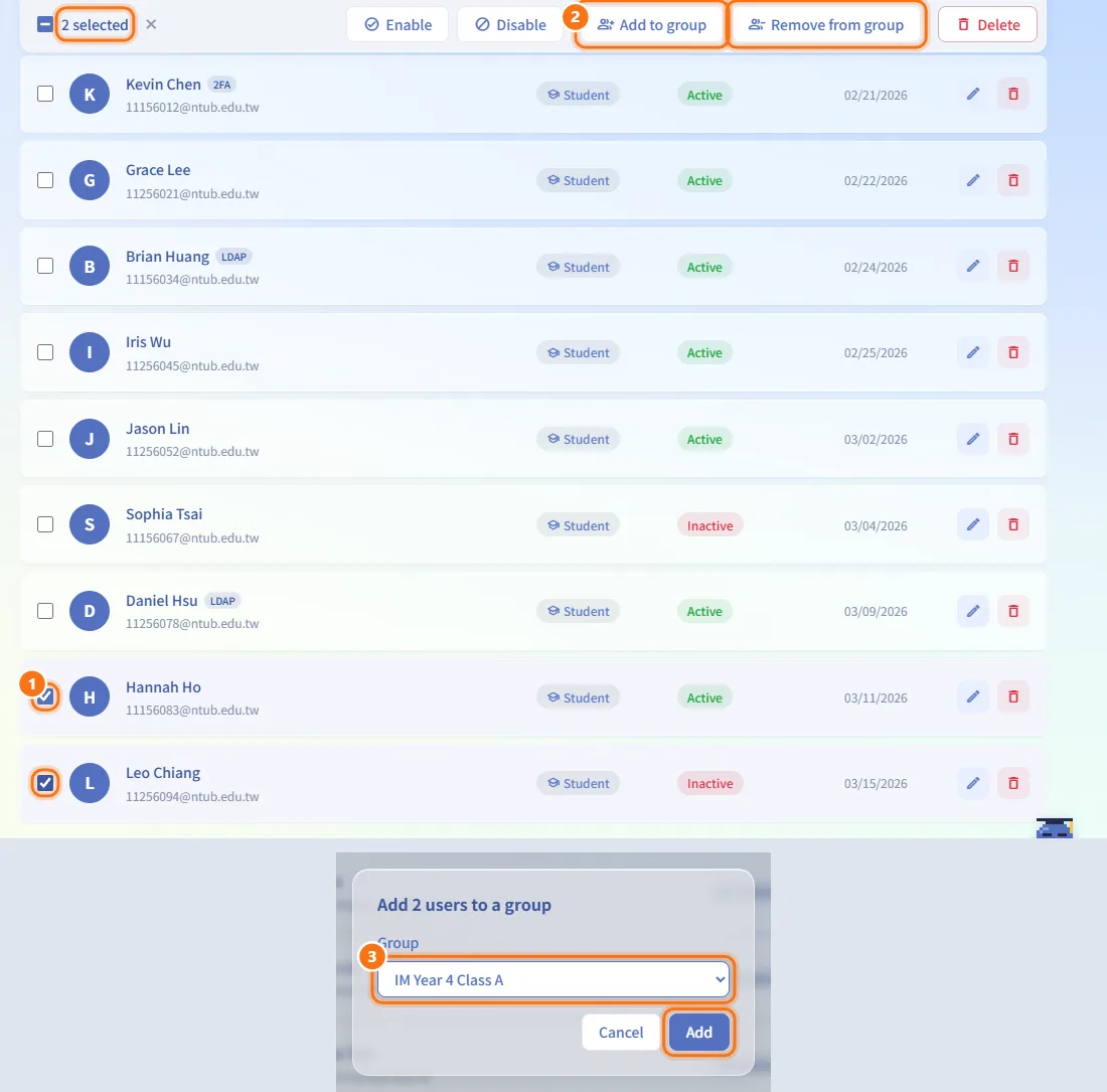 Add or remove selected accounts from a group (numbers match the steps above)