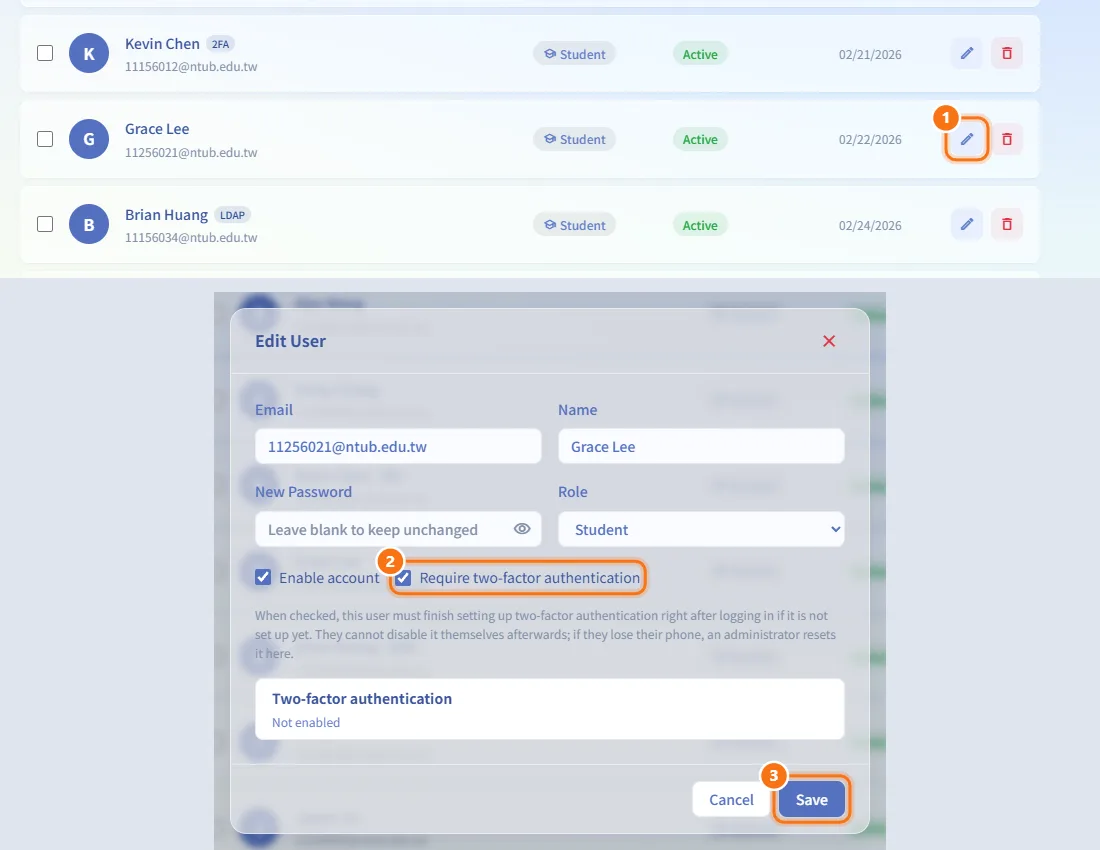 Require two-factor authentication for an account (numbers match the steps above)