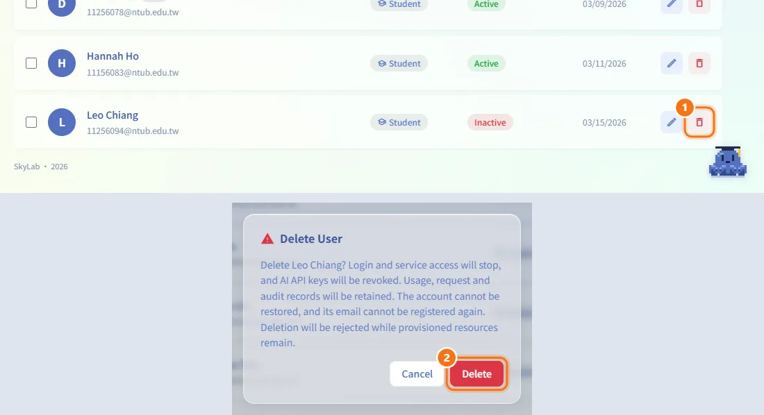Delete a user (numbers match the steps above)