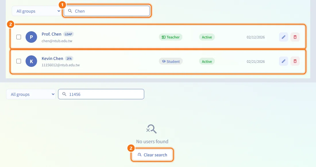 Find a user (numbers match the steps above)