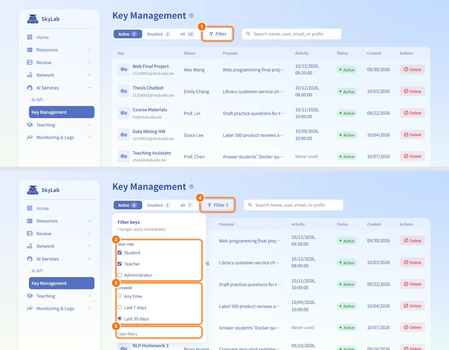 Filter by role and creation time (numbers match the steps above)