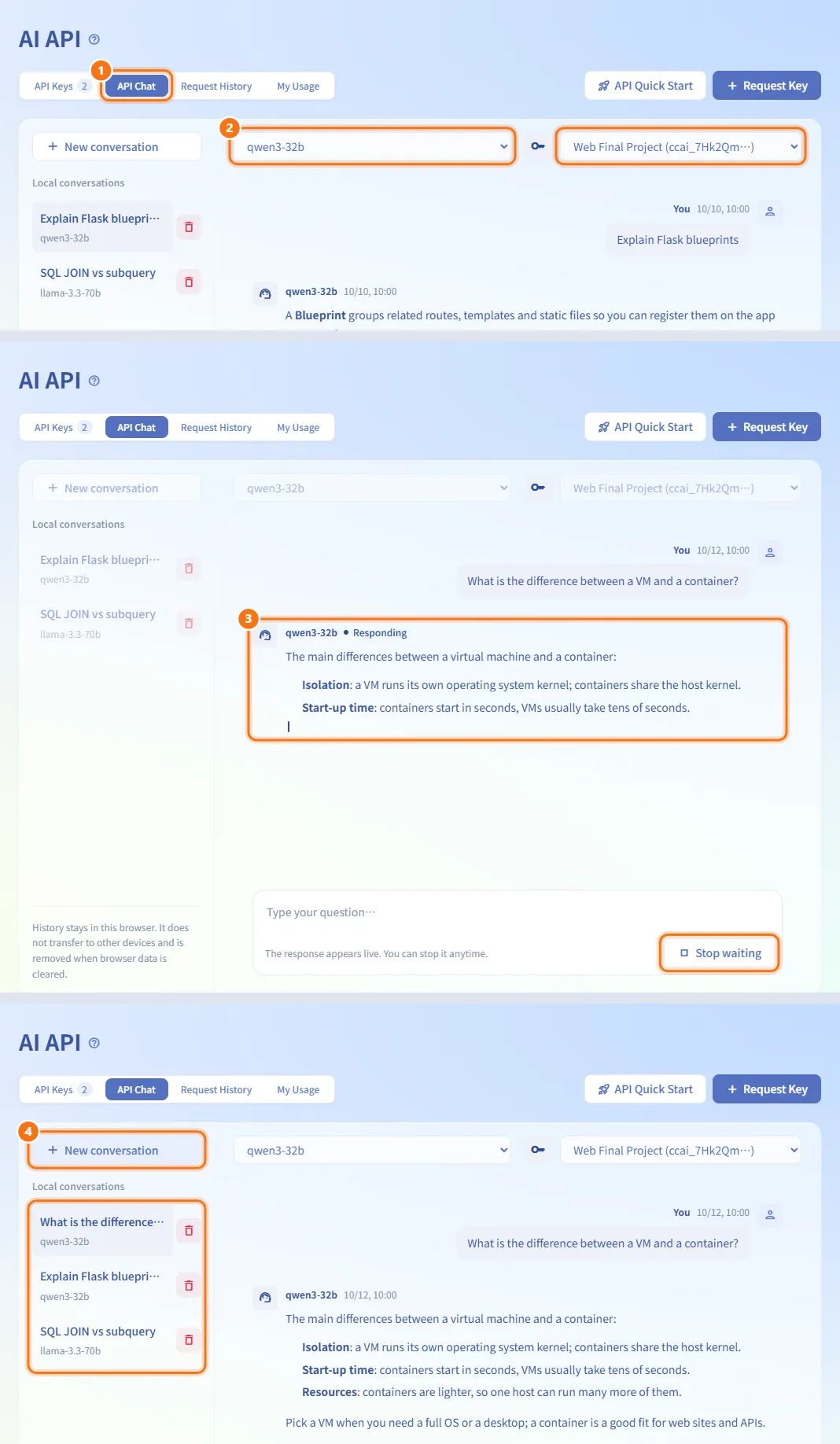 Chat with a model in the browser (numbers match the steps above)