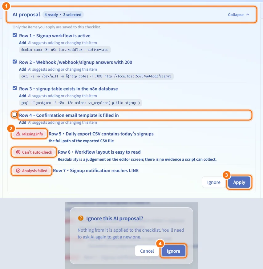 Apply or ignore a proposal (numbers match the steps above)