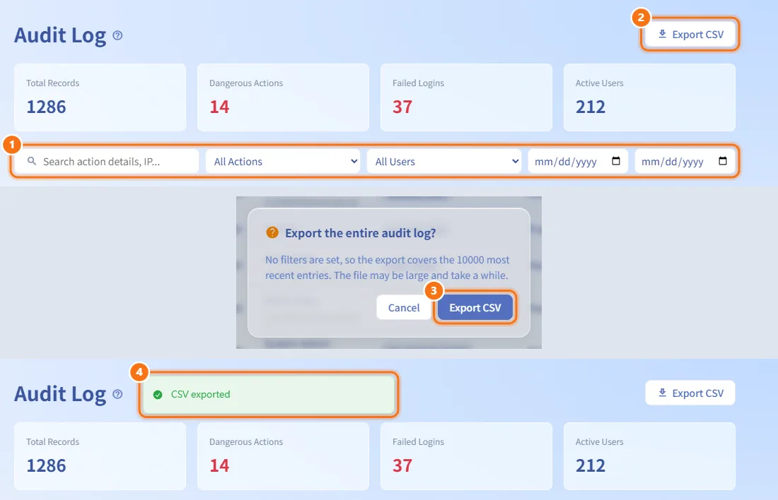 Export to CSV (numbers match the steps above)