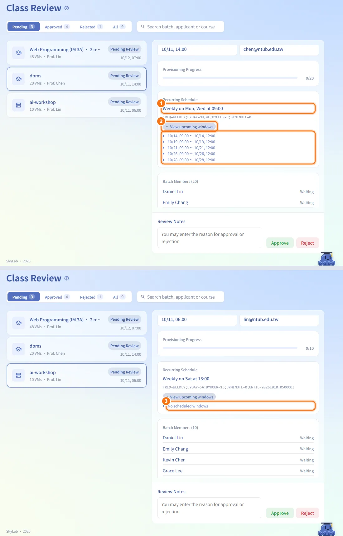 Preview a recurring schedule (numbers match the steps above)