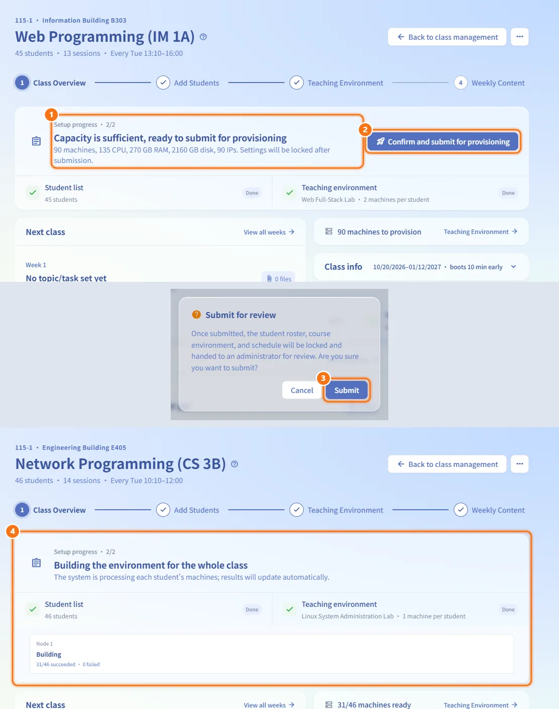 Submit for provisioning (numbers match the steps above)