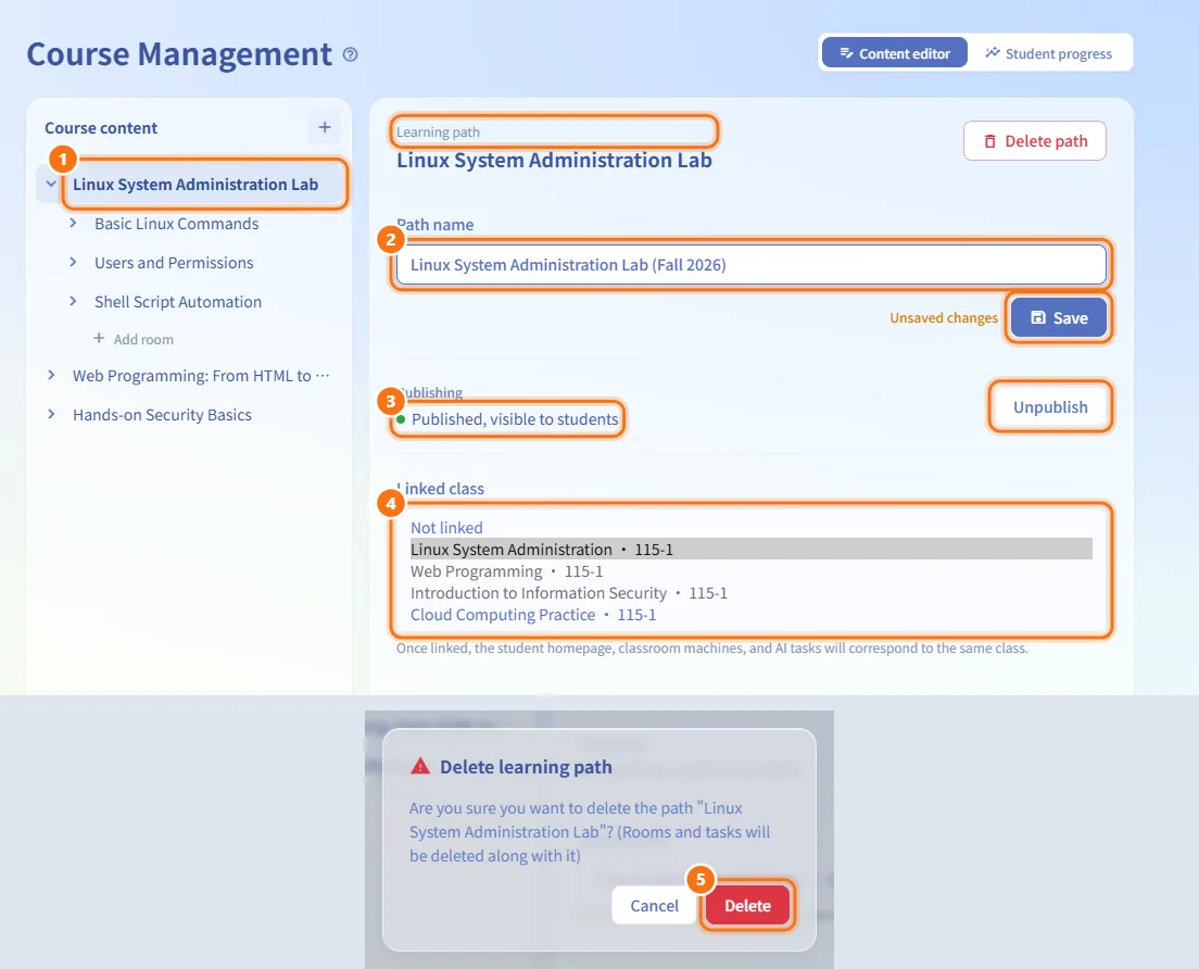 Edit a learning path (numbers match the steps above)