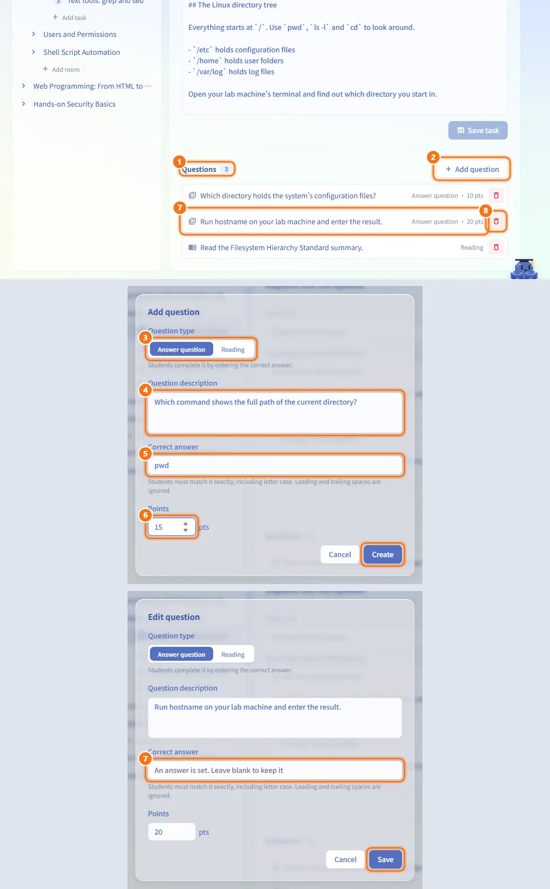 Add questions to a task (numbers match the steps above)