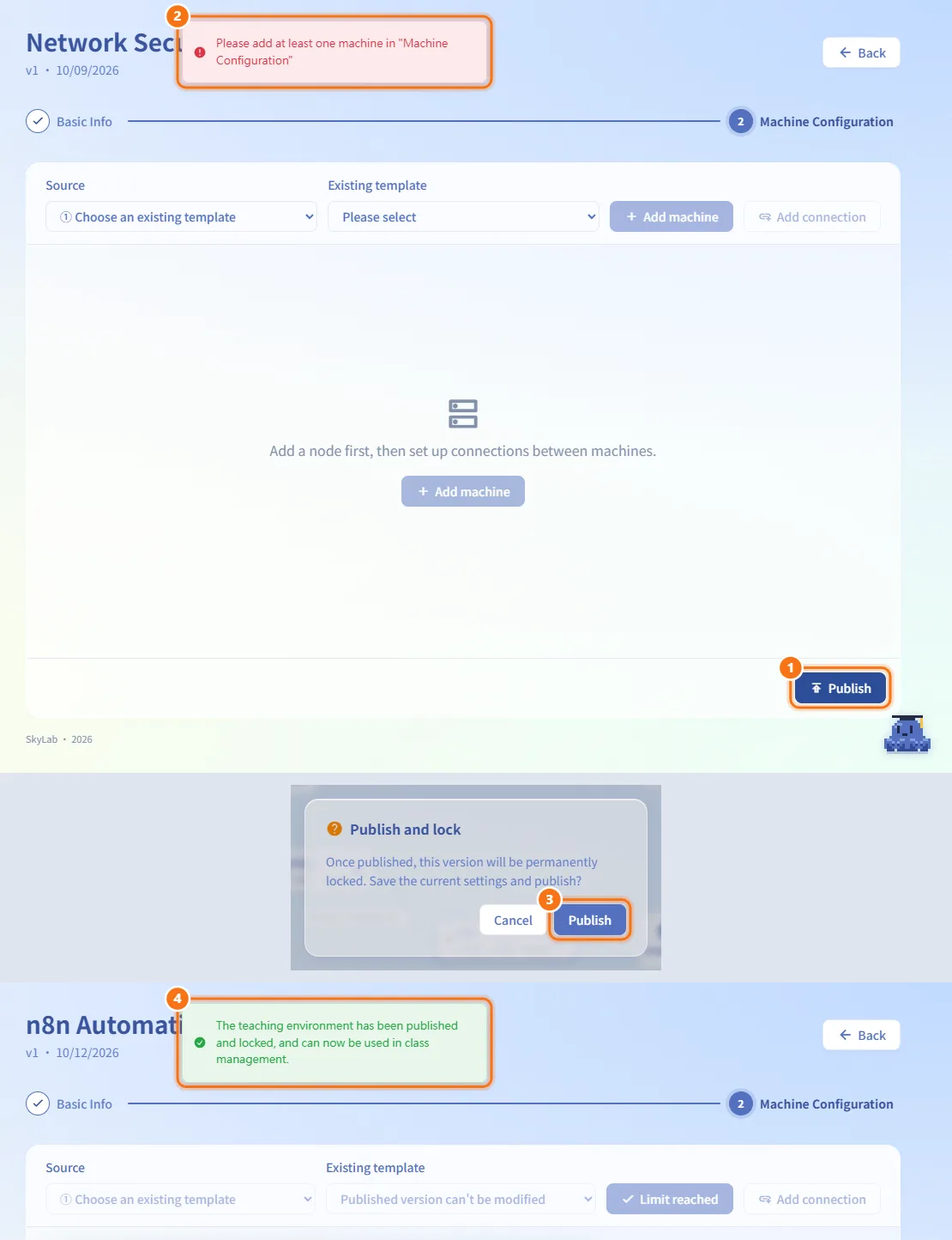 Publish the environment (numbers match the steps above)