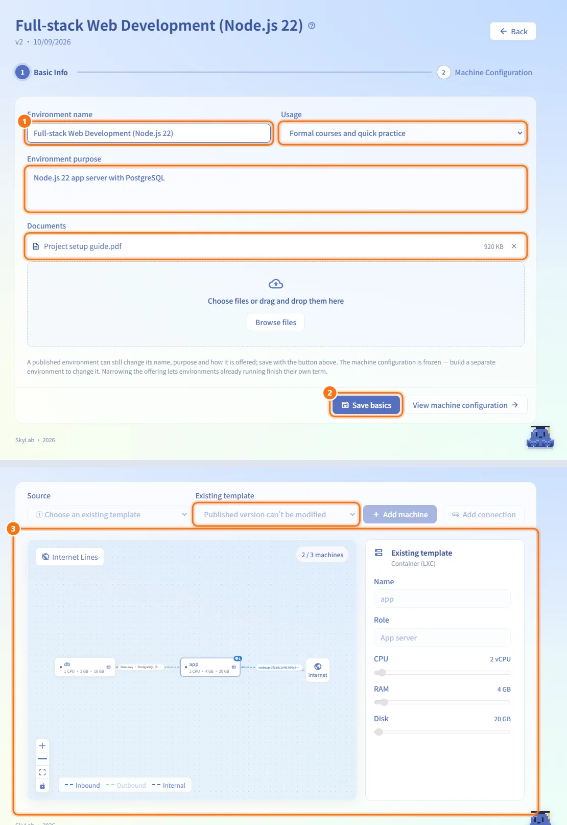 Change a published environment (numbers match the steps above)