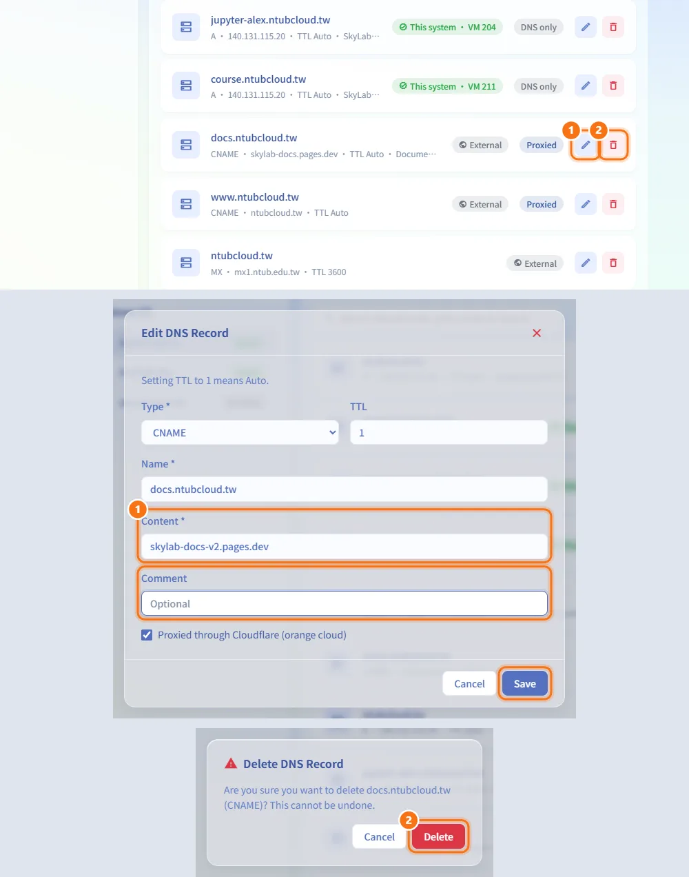 Edit or delete a DNS record (numbers match the steps above)