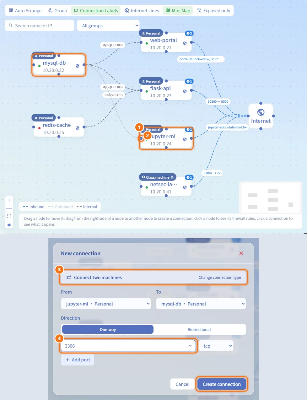 Create a connection by dragging (numbers match the steps above)
