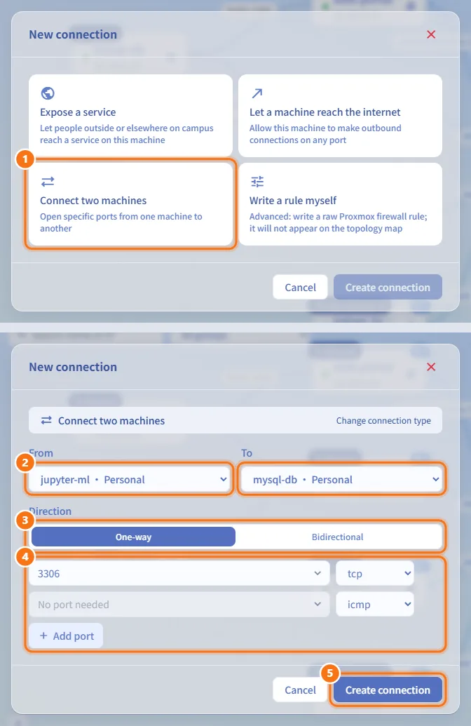 Connect two machines (numbers match the steps above)