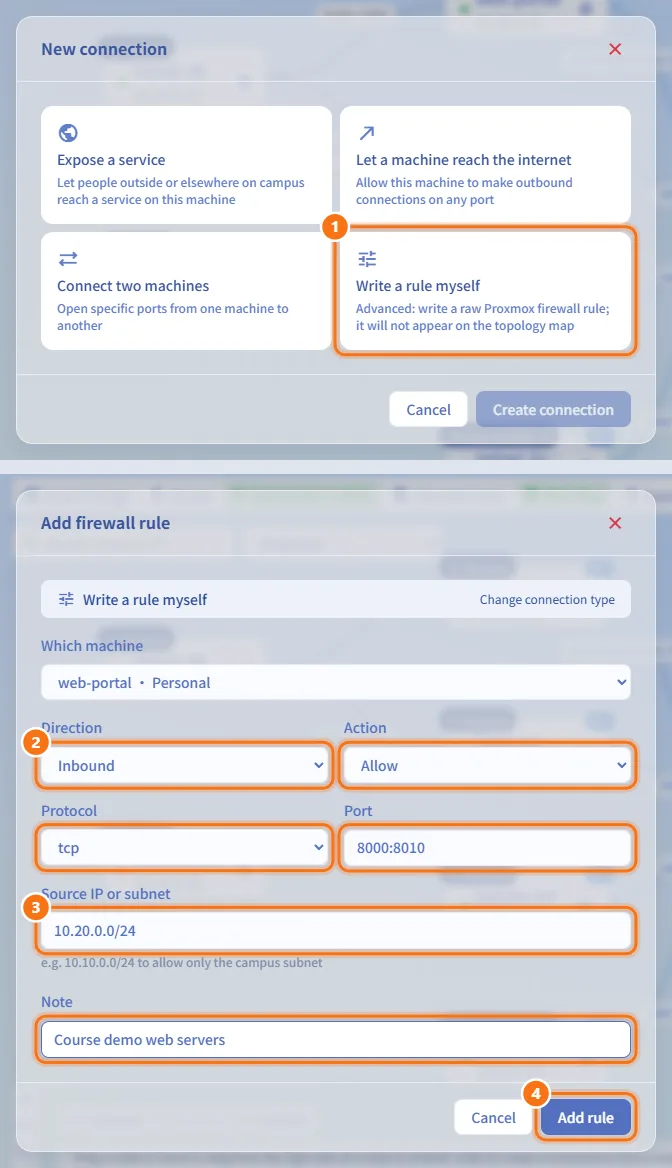 Write a raw firewall rule (numbers match the steps above)