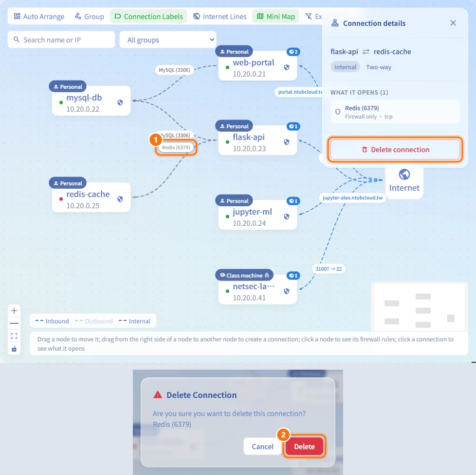 Delete a connection (numbers match the steps above)