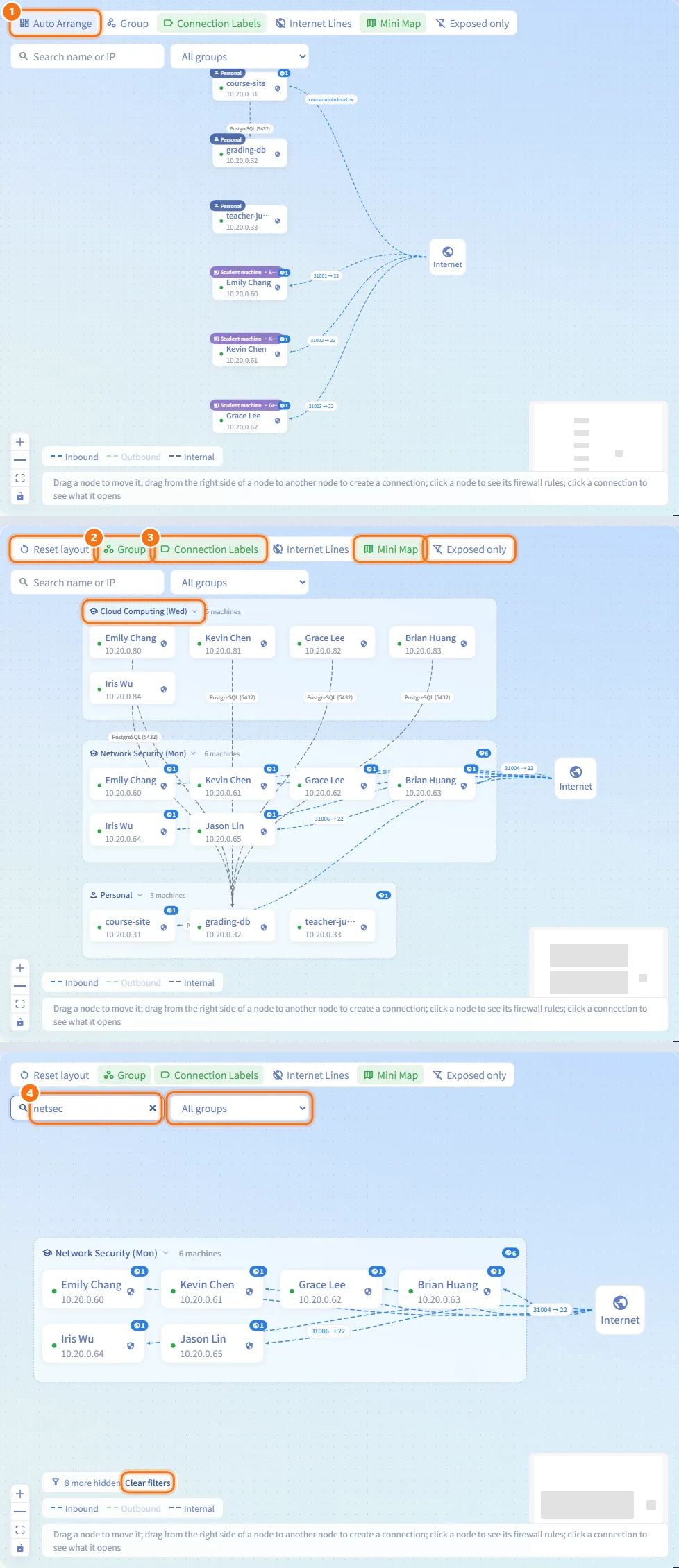 Arrange and filter the map (numbers match the steps above)