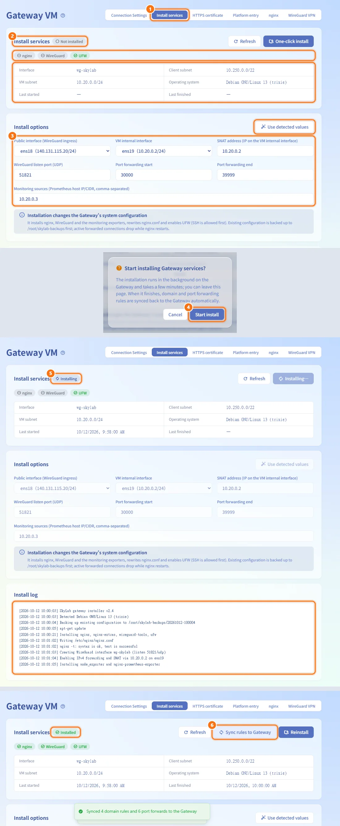 Install the Gateway services (numbers match the steps above)