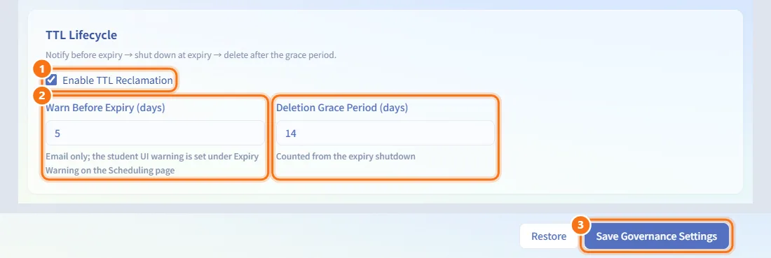 Configure expiry reclamation (TTL lifecycle) (numbers match the steps above)
