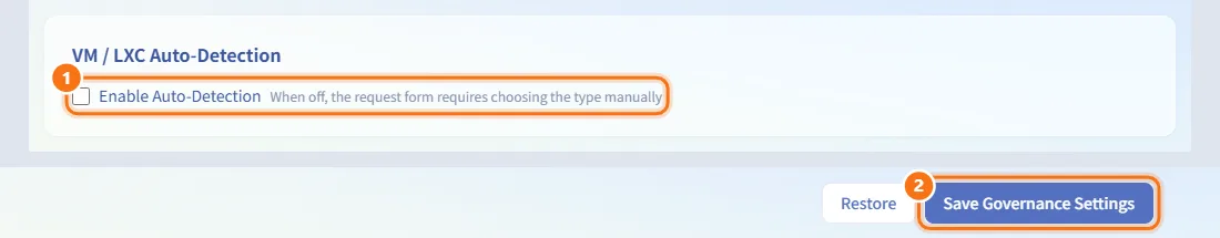 Turn VM / LXC auto-detection on or off (numbers match the steps above)