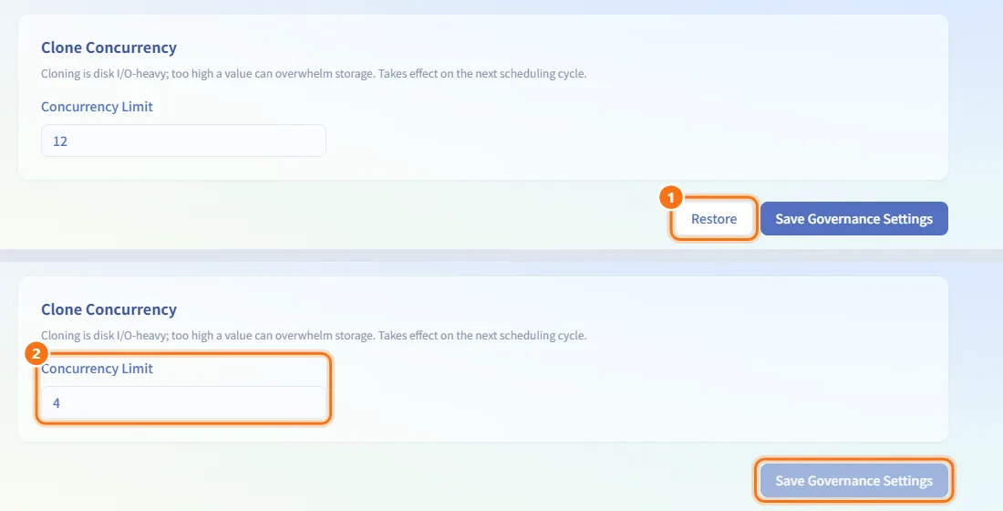 Discard unsaved governance changes (numbers match the steps above)