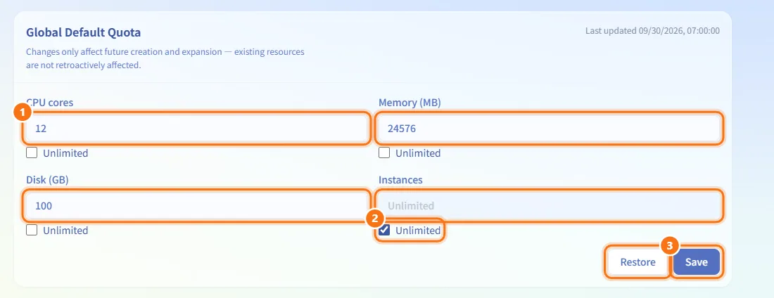 Change the global default quota (numbers match the steps above)