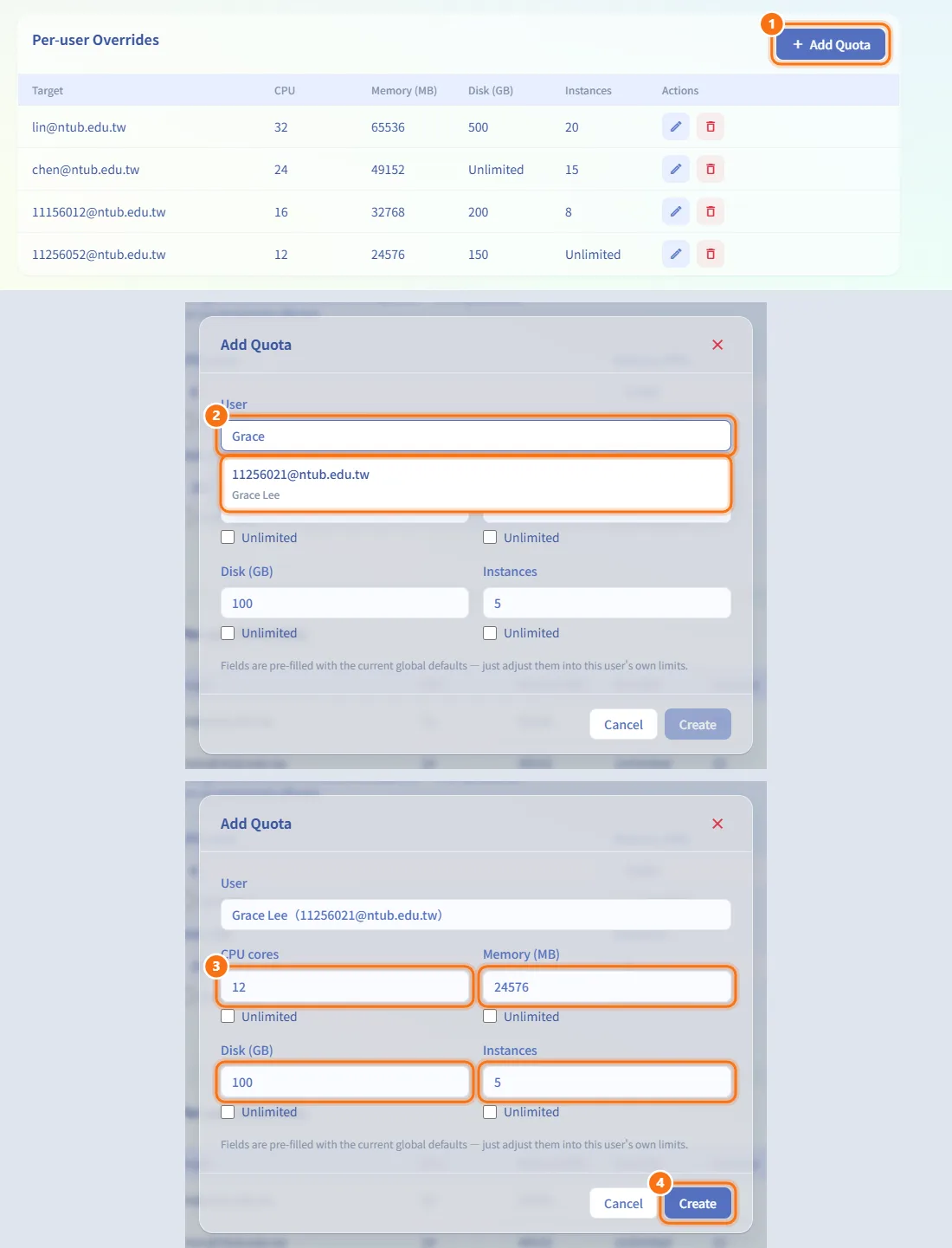 Give a user their own quota (numbers match the steps above)