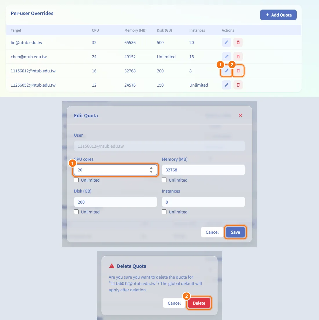 Edit or delete a user's quota (numbers match the steps above)
