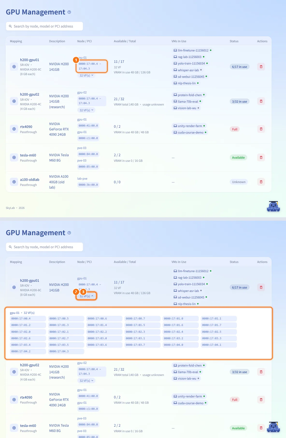 Expand a long PCI list (numbers match the steps above)