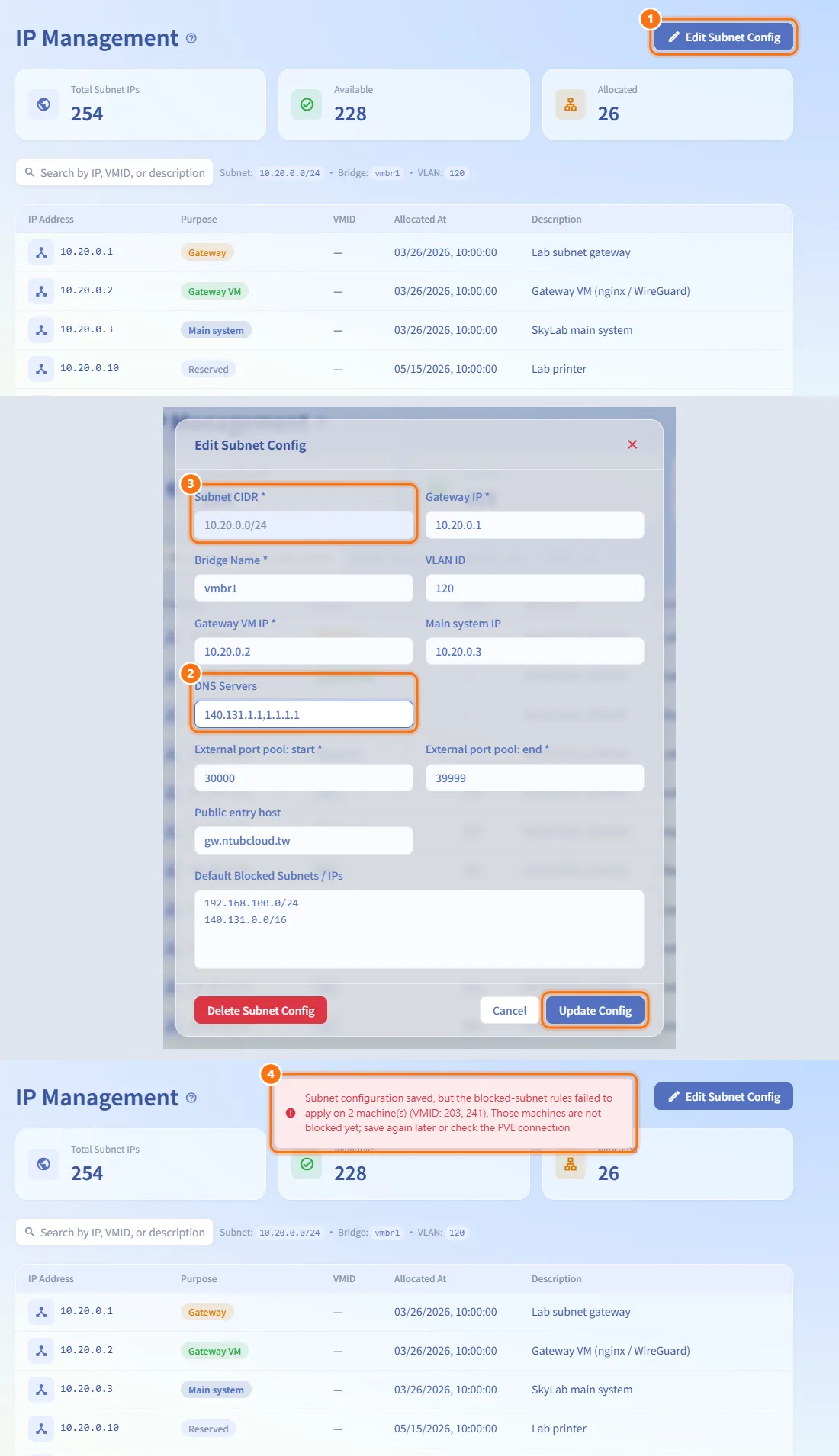 Change the subnet configuration (numbers match the steps above)