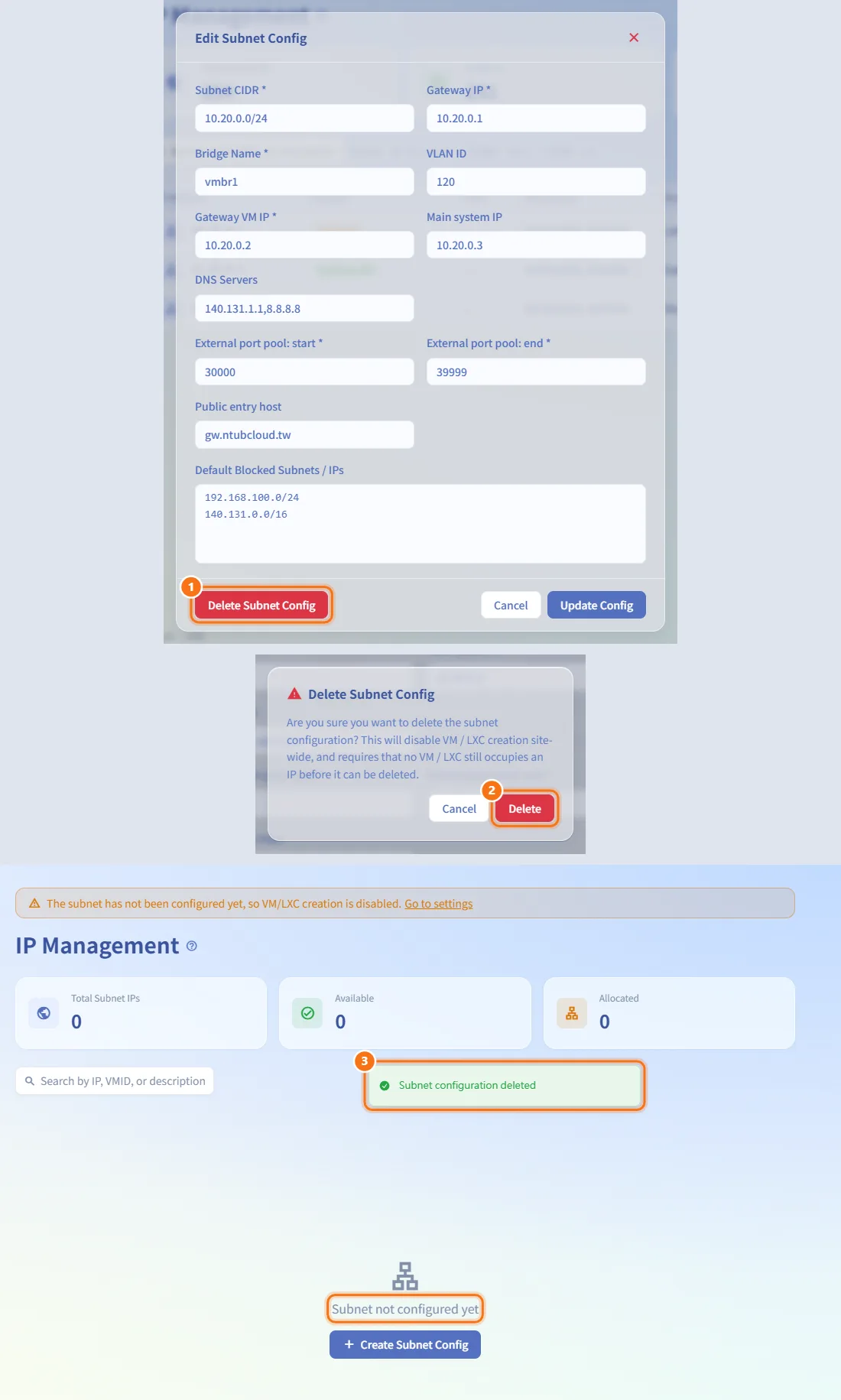 Delete the subnet configuration (numbers match the steps above)