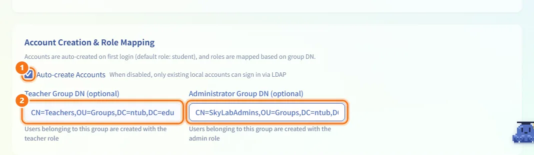 Set account creation and role mapping (numbers match the steps above)