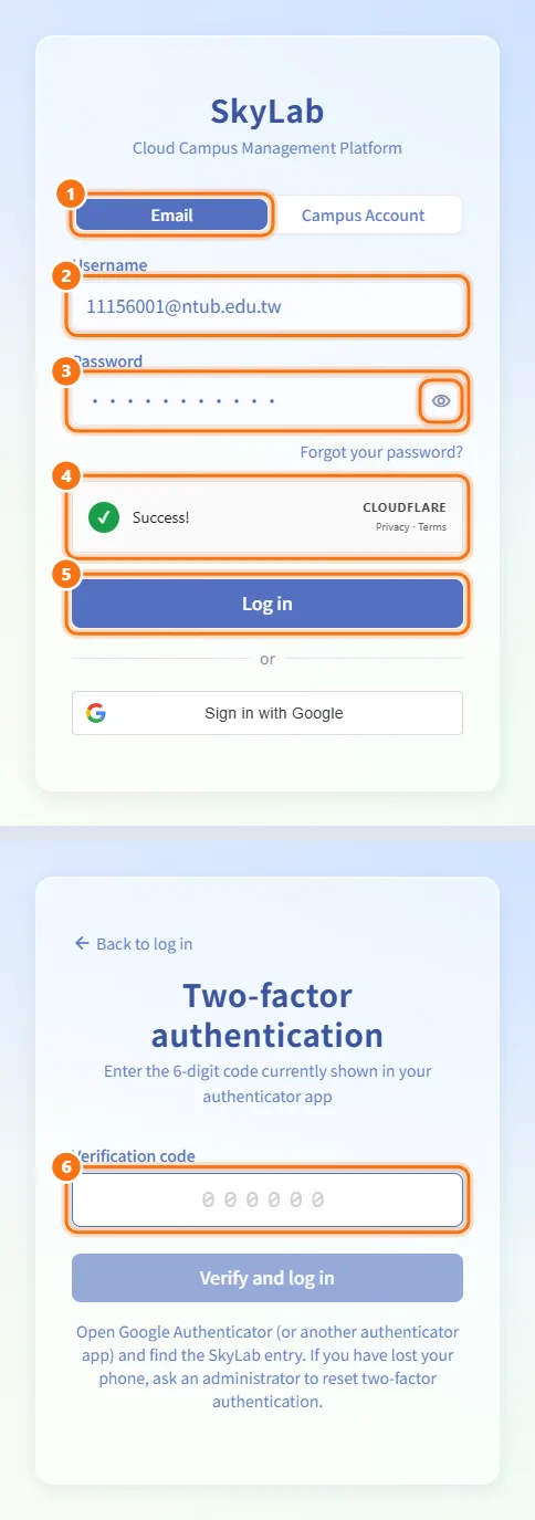 Sign in with email and password (numbers match the steps above)