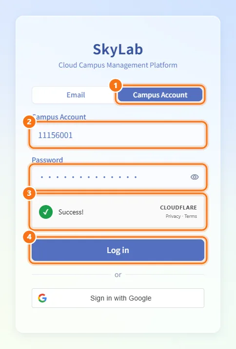 Sign in with a campus account (LDAP) (numbers match the steps above)