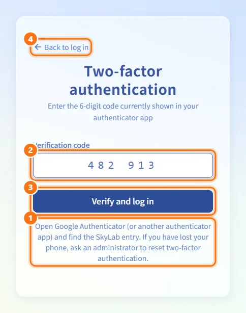 Enter the two-factor code (numbers match the steps above)
