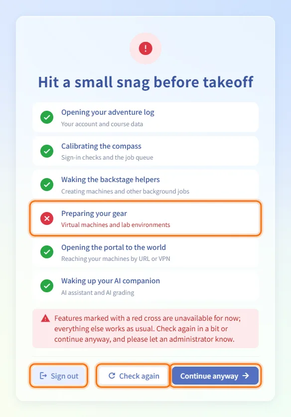 Get through the service check after signing in