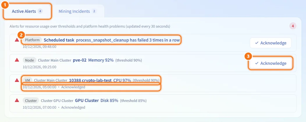 Review and acknowledge active alerts (numbers match the steps above)