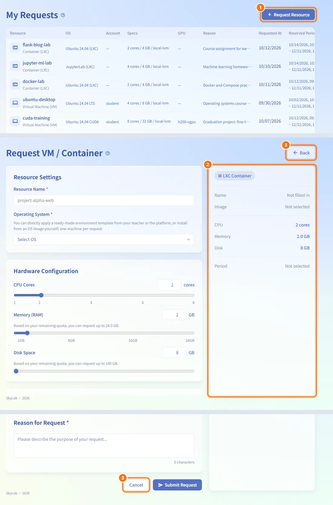 Open the request form (numbers match the steps above)