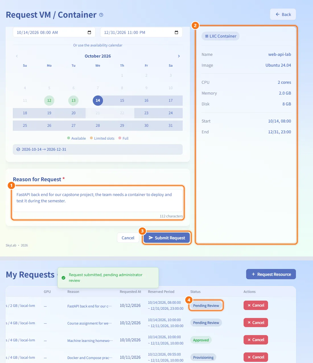 Explain the reason and submit (numbers match the steps above)
