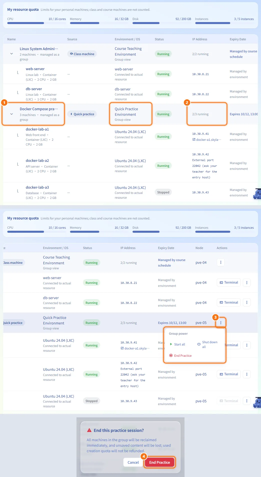 Work with course and quick practice environments (numbers match the steps above)
