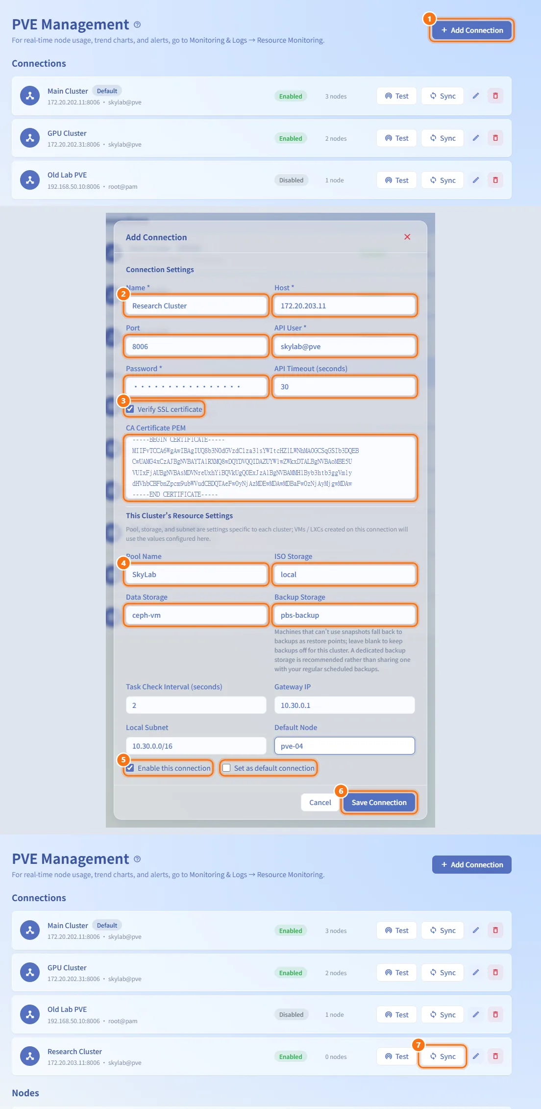 Add a connection (numbers match the steps above)