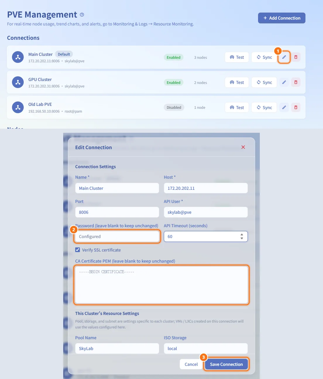 Edit a connection (numbers match the steps above)