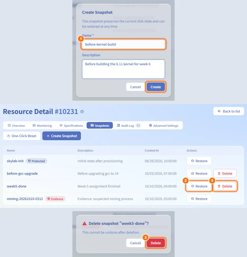 Take and restore snapshots (numbers match the steps above)