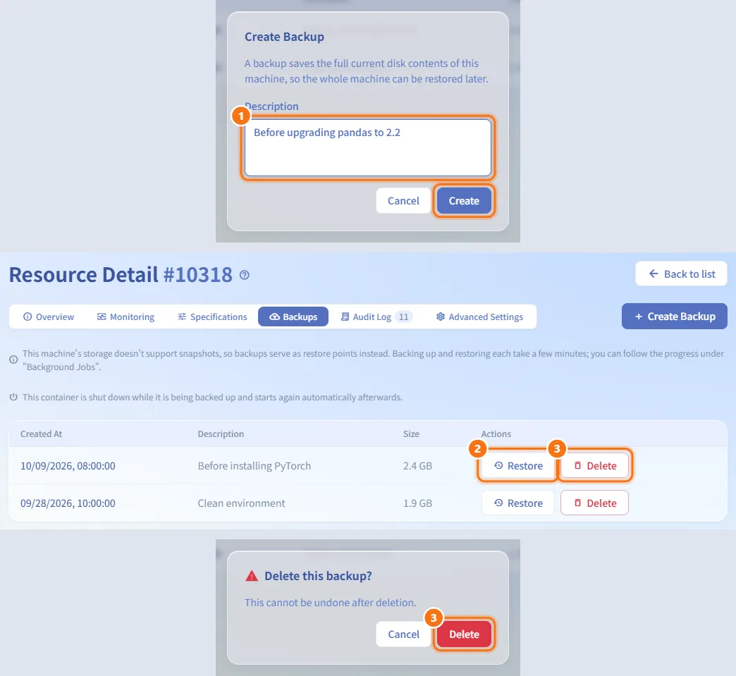 Back up and restore (when snapshots are not available) (numbers match the steps above)