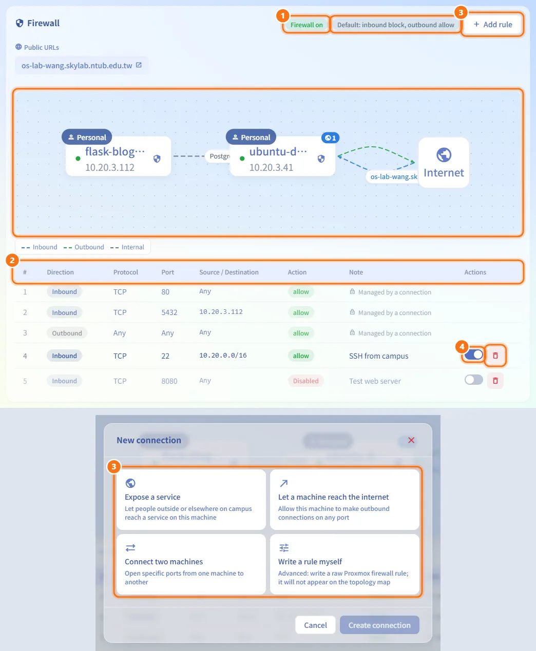 Manage the machine's firewall (numbers match the steps above)